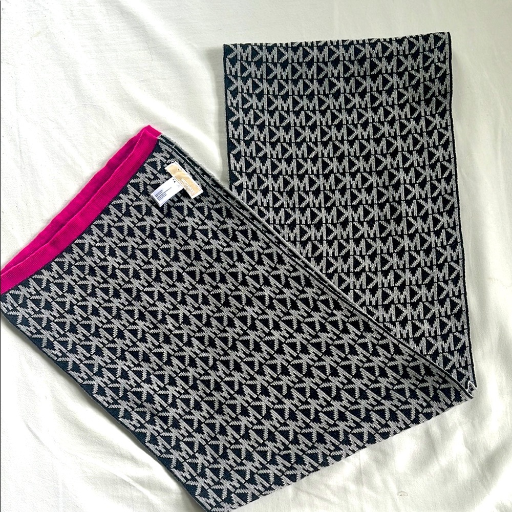 Michael Kors Black and Gray Scarf with Pink Edge